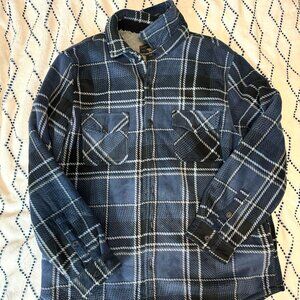 Freedom Foundry Shacket Mens XL Black Gray Blue Plaid Fleece Sherpa Lined
